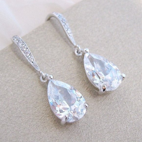NEW Teardrop Pear Cut Diamond CZ Earrings Faceted Dangle French Hooks - Picture 1 of 7